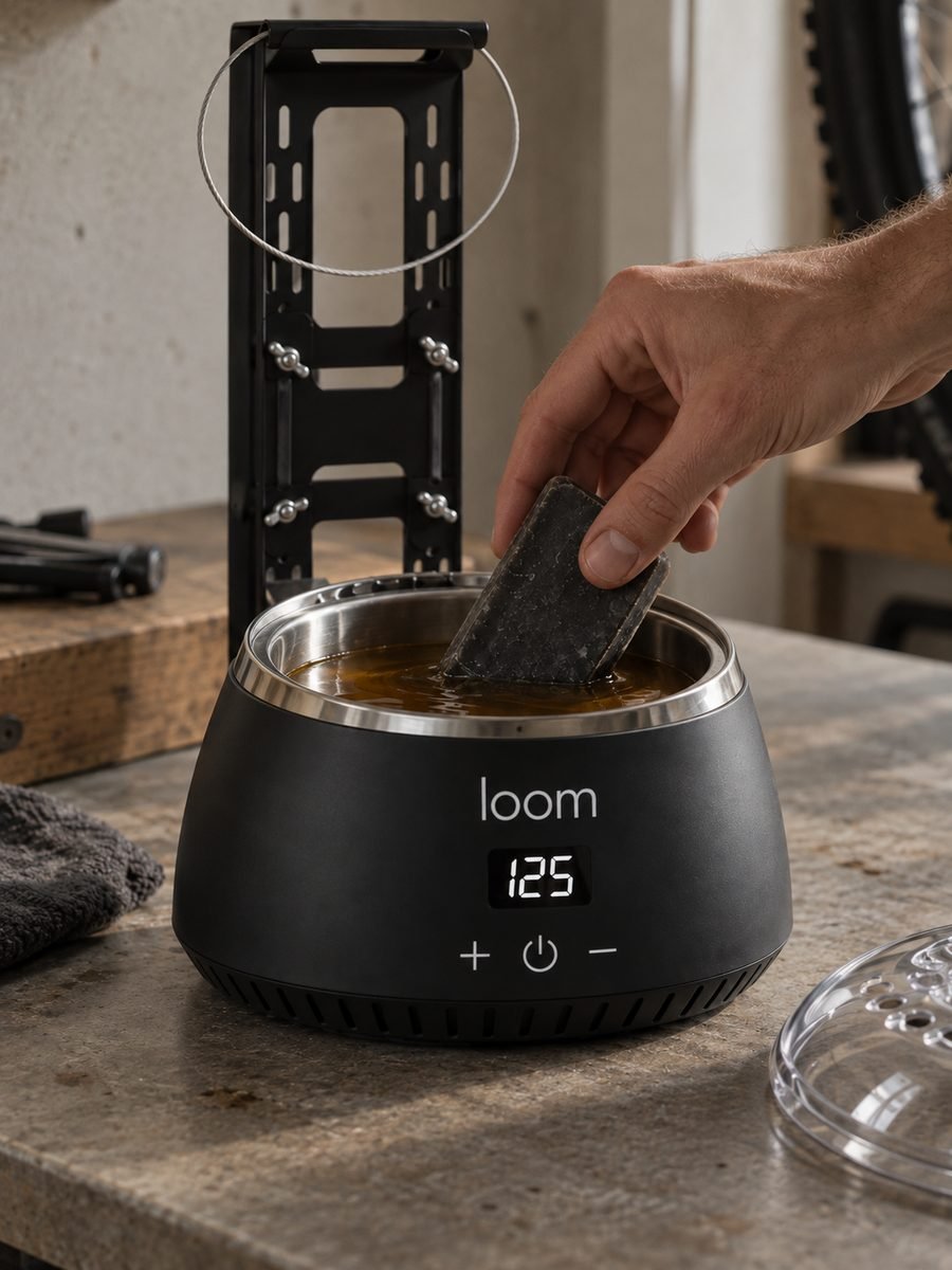 A hand lowering a loom wax brick into the heated pot
